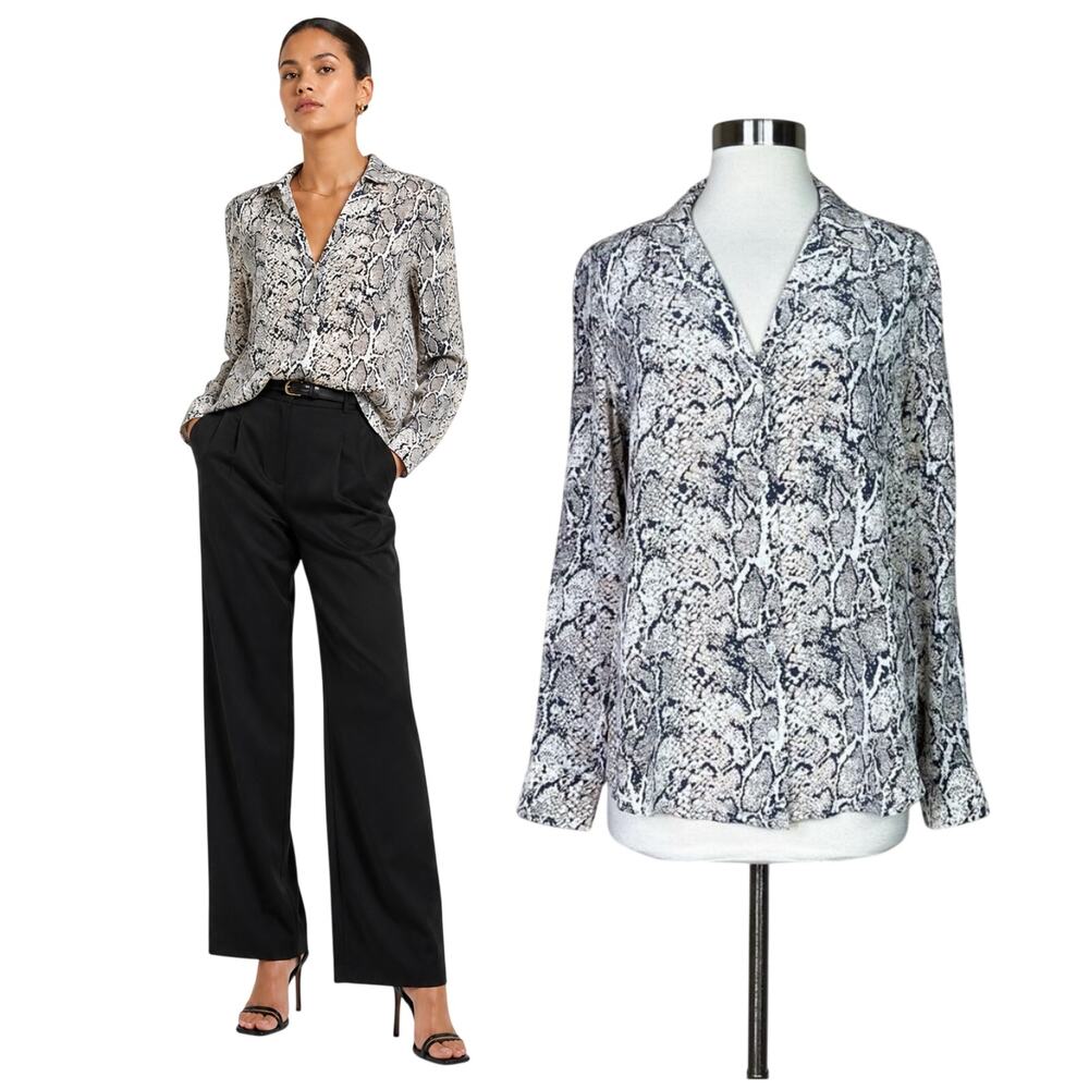Rails | Silk Rebel Snake Print Tab Black Button Down Designer Blouse Top M